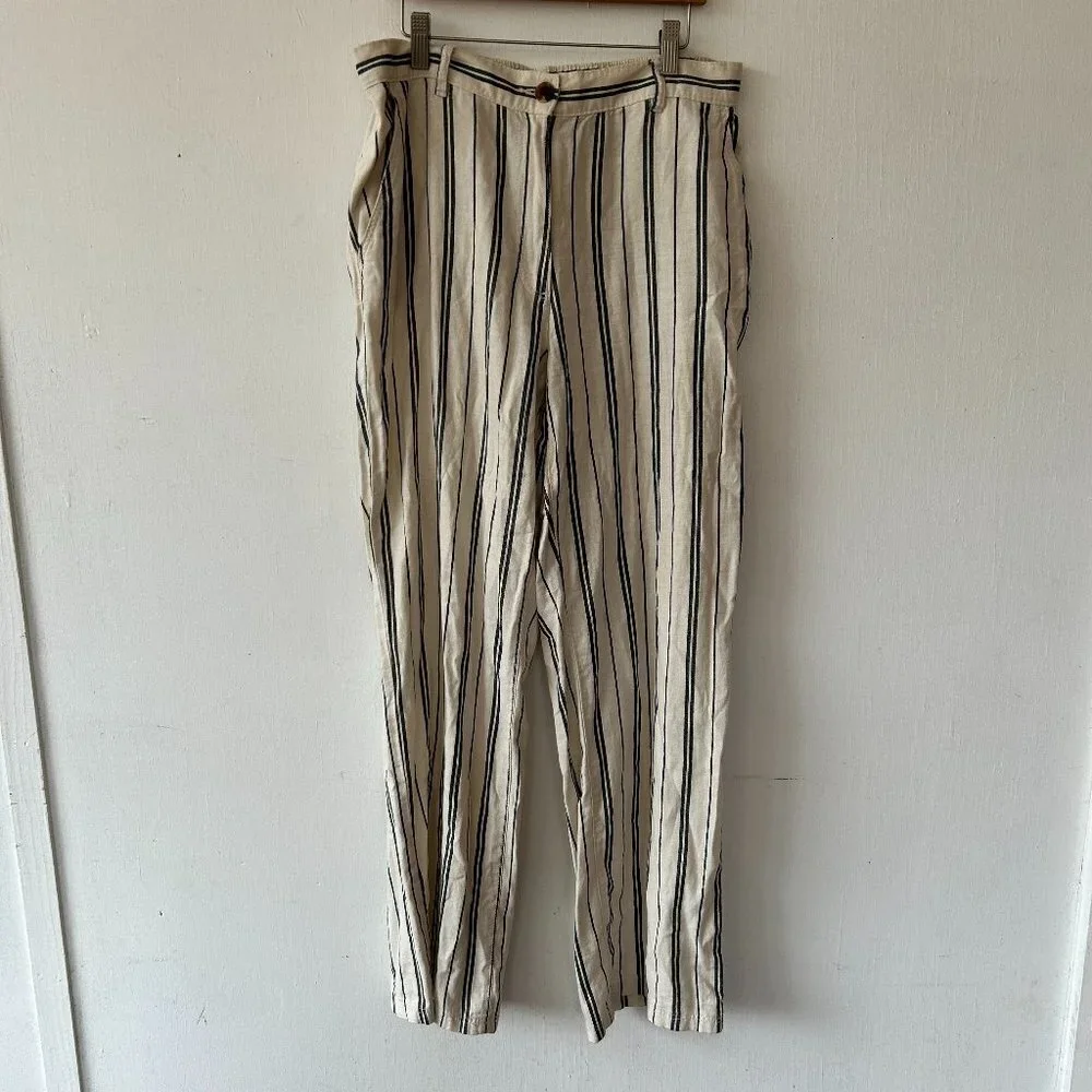 H&M Linen Blend Trousers Womens Size 10‎ Blue Striped Minimalist Wide Leg Pants